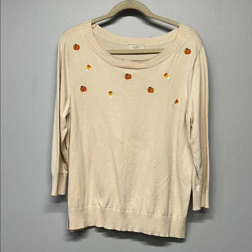 LOFT Fall Embroidered Pumpkin and Candy Corn Crew Neck Sweater Halloween Size XL